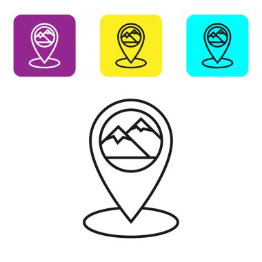 Siyah çizgi Harita işaretçisi, beyaz arka planda yalıtılmış dağ simgesi. Dağlar seyahat simgesi. Simgeleri renkli kare düğmeleri ayarlayın. Vektör İllüstrasyonu