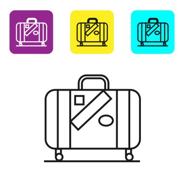 Seyahat ve çıkartmalar simgesi beyaz arka plan üzerinde izole için Siyah çizgi Bavul. Seyahat bagaj işareti. Seyahat bagaj simgesi. Simgeleri renkli kare düğmeleri ayarlayın. Vektör İllüstrasyonu