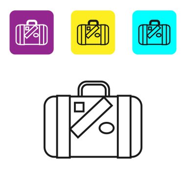 Seyahat ve çıkartmalar simgesi beyaz arka plan üzerinde izole için Siyah çizgi Bavul. Seyahat bagaj işareti. Seyahat bagaj simgesi. Simgeleri renkli kare düğmeleri ayarlayın. Vektör İllüstrasyonu