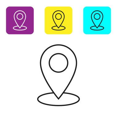 Beyaz arka plan üzerinde siyah çizgi Harita pin simgesi. Navigasyon, işaretçi, yer, harita, gps, yön, yer, pusula, iletişim, arama konsepti. Simgeleri renkli kare düğmeleri ayarlayın. Vektör İllüstrasyonu
