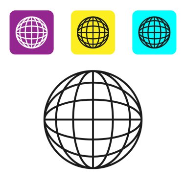 Siyah çizgi Dünya dünya simgesi beyaz arka plan üzerinde izole. Dünya veya Dünya işareti. Küresel internet sembolü. Geometrik şekiller. Simgeleri renkli kare düğmeleri ayarlayın. Vektör İllüstrasyonu