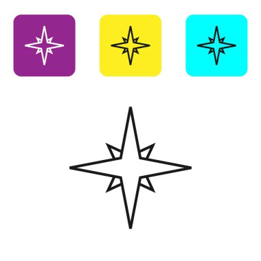 Siyah çizgi Beyaz arka planda izole gül simgesi. Seyahat için pusula simgesi. Navigasyon tasarımı. Simgeleri renkli kare düğmeleri ayarlayın. Vektör İllüstrasyonu