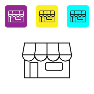 Siyah çizgi Alışveriş binası veya beyaz arka plan üzerinde izole pazar mağazası simgesi. Dükkan inşaatı. Simgeleri renkli kare düğmeleri ayarlayın. Vektör İllüstrasyonu