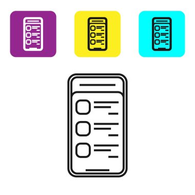 Beyaz arka planda cep telefonu simgesi üzerinde Siyah hat Online alışveriş. Online satın alma. Internet mağazası, mobil mağaza uygulaması ve ödemeler faturalandırma. Simgeleri renkli kare düğmeleri ayarlayın. Vektör İllüstrasyonu