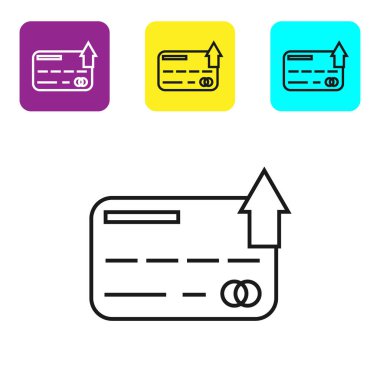 Siyah çizgi Kredi kartı simgesi beyaz arka planda yalıtılmış. Online ödeme. Nakit para çekme. Finansal operasyonlar. Alışveriş tabelası. Simgeleri renkli kare düğmeleri ayarlayın. Vektör İllüstrasyonu