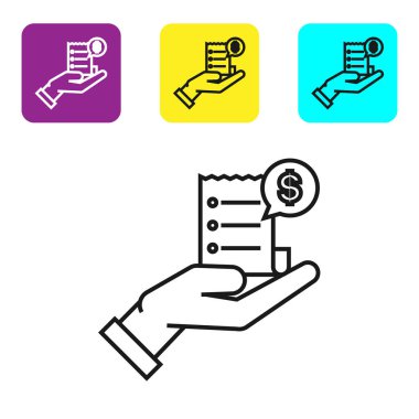 Siyah çizgi Beyaz arka planda yalıtılmış ödeme simgesi için boş makbuz veya fatura ile tutan Insan el. Bankacılık ve iş operasyonları. Simgeleri renkli kare düğmeleri ayarlayın. Vektör İllüstrasyonu