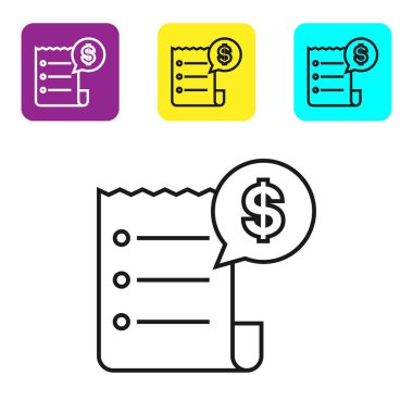 Siyah çizgi Kağıt denetimi ve mali kontrol simgesi beyaz arka planda yalıtılmış. Kağıt baskı çeki, mağaza makbuzu veya fatura. Simgeleri renkli kare düğmeleri ayarlayın. Vektör İllüstrasyonu