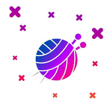 Beyaz arka plan üzerinde izole örgü iğneleri simgesi ile Renk İplik topu. El yapımı, örgü veya terzi dükkanı için etiket. Gradyan rasgele dinamik şekiller. Vektör İllüstrasyonu