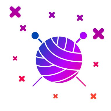 Beyaz arka plan üzerinde izole örgü iğneleri simgesi ile Renk İplik topu. El yapımı, örgü veya terzi dükkanı için etiket. Gradyan rasgele dinamik şekiller. Vektör İllüstrasyonu