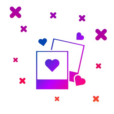 Renk İki boşluklar fotoğraf çerçeveleri ve beyaz arka planda yalıtılmış kalpler simgesi. Sevgililer Günü sembolü. Gradyan rasgele dinamik şekiller. Vektör İllüstrasyonu