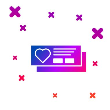 Beyaz arka planda izole edilmiş kalp simgesine sahip Renkli Bilet. Kalpten biniş kartı. Gradyan rasgele dinamik şekiller. Vektör İllüstrasyonu