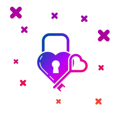 Beyaz arka plan üzerinde izole bir kalp ve anahtar simgesi şeklinde Renk Kale. Kilitli Kalp. Aşk sembolü ve anahtar deliği işareti. Gradyan rasgele dinamik şekiller. Vektör İllüstrasyonu