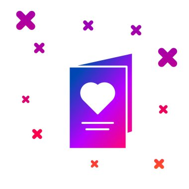 Beyaz arka plan üzerinde izole kalp simgesi ile Renk Sevgililer günü parti el ilanı. Davet veya tebrik kartı için kutlama posteri şablonu. Gradyan rasgele dinamik şekiller. Vektör İllüstrasyonu