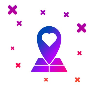 Beyaz arka planda yalıtılmış kalp simgesi olan Renk Haritası işaretçisi. Sevgililer günü. Aşk yeri. Romantik harita iğnesi. Gradyan rasgele dinamik şekiller. Vektör İllüstrasyonu