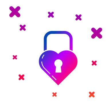 Beyaz arka plan üzerinde izole bir kalp simgesi şeklinde Renk Kale. Kilitli Kalp. Aşk sembolü ve anahtar deliği işareti. Gradyan rasgele dinamik şekiller. Vektör İllüstrasyonu