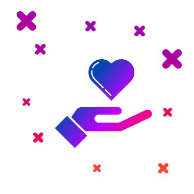 Eldeki Color Heart simgesi beyaz arka planda yalıtılmış. El aşk sembolü veriyor. Gradyan rasgele dinamik şekiller. Vektör İllüstrasyonu