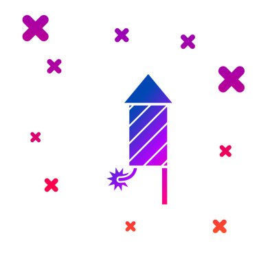 Beyaz arka planda yalıtılmış renkli Havai Fişek roket simgesi. Eğlenceli parti kavramı. Patlayıcı piroteknik sembol. Gradyan rasgele dinamik şekiller. Vektör İllüstrasyonu