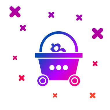 Beyaz arka planda izole edilmiş bitcoin simgesine sahip Renkli Alışveriş sepeti. Blockchain teknolojisi, kripto para madenciliği, dijital para piyasası. Gradyan rasgele dinamik şekiller. Vektör İllüstrasyonu