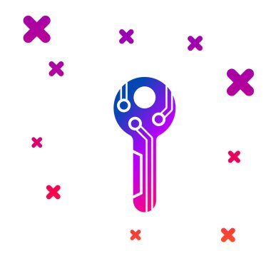 Beyaz arka planda yalıtılmış Renk Cryptocurrency anahtar simgesi. Siber güvenlik veya özel anahtar kavramı, teknoloji arayüzü ile dijital anahtar. Gradyan rasgele dinamik şekiller. Vektör İllüstrasyonu