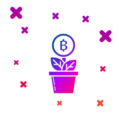 Beyaz arka plan üzerinde izole pot simgesirenk Bitcoin bitki. İş yatırımı büyümesi. Blockchain teknolojisi, kripto para madenciliği. Gradyan rasgele dinamik şekiller. Vektör İllüstrasyonu