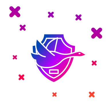 Beyaz arka plan üzerinde izole kalkan simgesi üzerinde Renk Uçan ördek. Duvarda av ganimeti. Gradyan rasgele dinamik şekiller. Vektör İllüstrasyonu