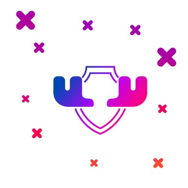 Beyaz arka planda izole kalkan simgesi üzerinde Renk Geyik boynuzları. Duvarda av ganimeti. Gradyan rasgele dinamik şekiller. Vektör İllüstrasyonu