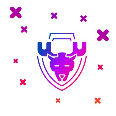 Beyaz arka planda izole kalkan simgesi üzerinde Renk Moose baş. Duvarda av ganimeti. Gradyan rasgele dinamik şekiller. Vektör İllüstrasyonu