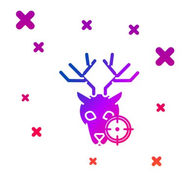 Beyaz arka planda izole artı işareti simgesi ile geyik üzerinde Renk Avı. Geyik ve hedef ile Avcılık kulübü logosu. Tüfek lensi bir geyiği hedef aldı. Gradyan rasgele dinamik şekiller. Vektör İllüstrasyonu