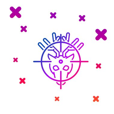 Beyaz arka planda izole artı işareti simgesi ile geyik üzerinde Renk Avı. Geyik ve hedef ile Avcılık kulübü logosu. Tüfek lensi bir geyiği hedef aldı. Gradyan rasgele dinamik şekiller. Vektör İllüstrasyonu