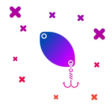 Beyaz arka planda izole Renkli Balıkçılık kaşık simgesi. Balık şeklinde balık yemleri. Olta takımı. Gradyan rasgele dinamik şekiller. Vektör İllüstrasyonu