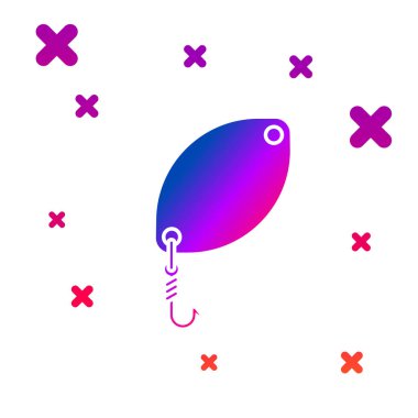 Beyaz arka planda izole Renkli Balıkçılık kaşık simgesi. Balık şeklinde balık yemleri. Olta takımı. Gradyan rasgele dinamik şekiller. Vektör İllüstrasyonu