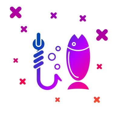 Beyaz arka planda yalıtılmış Renkli Balıkçılık simgesi. Balık ve kanca. Strateji kavramı. Yem işareti. Gradyan rasgele dinamik şekiller. Vektör İllüstrasyonu