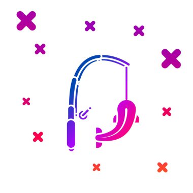 Renk Olta ve balık simgesi beyaz arka plan üzerinde izole. Büyük bir balık yakalayın. Balıkçılık ekipmanları ve balık yetiştiriciliği konuları. Gradyan rasgele dinamik şekiller. Vektör İllüstrasyonu