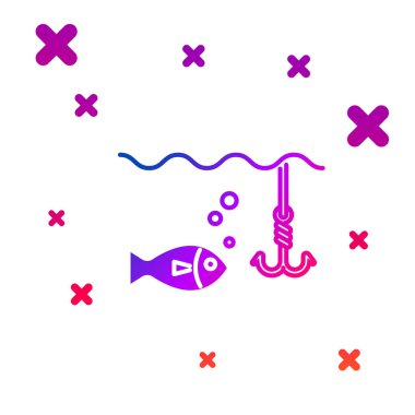 Beyaz arka plan üzerinde izole balık simgesi ile su altında Renk Balıkçılık kanca. Olta takımı. Gradyan rasgele dinamik şekiller. Vektör İllüstrasyonu