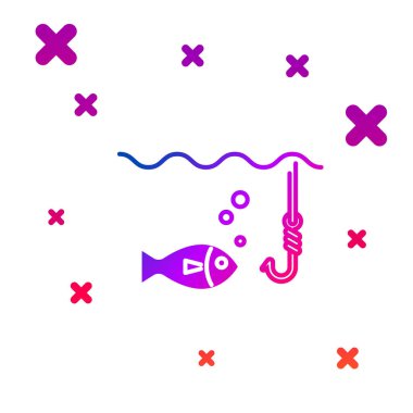 Beyaz arka plan üzerinde izole balık simgesi ile su altında Renk Balıkçılık kanca. Olta takımı. Gradyan rasgele dinamik şekiller. Vektör İllüstrasyonu