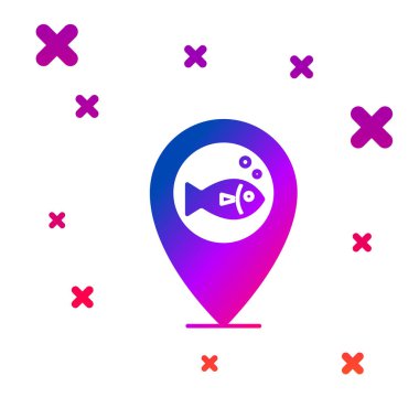 Beyaz arka planda yalıtılmış Renk Konumu balıkçılık simgesi. Balıkçı yeri. Gradyan rasgele dinamik şekiller. Vektör İllüstrasyonu