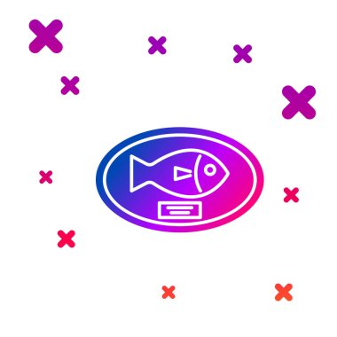 Beyaz arka plan üzerinde izole kurulu simgesi asılı Renk Balık kupa. Duvarda balık avı ganimeti. Gradyan rasgele dinamik şekiller. Vektör İllüstrasyonu