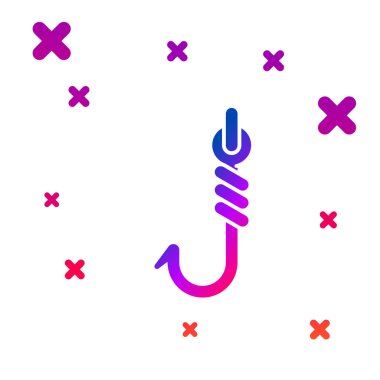 Renkli olta kancası simgesi beyaz arkaplanda izole edildi. Balık oltası. Kademeli rastgele dinamik şekiller. Vektör İllüstrasyonu