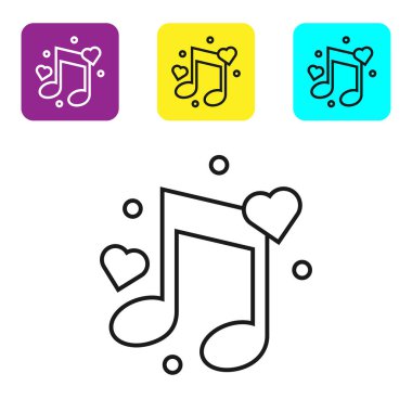 Siyah çizgi Müzik nota, beyaz arka plan üzerinde izole kalpleri simgesi ile sesi. Simgeleri renkli kare düğmeleri ayarlayın. Vektör İllüstrasyonu