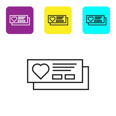 Beyaz arka planda izole edilmiş kalp simgesine sahip siyah hat Bileti. Kalpten biniş kartı. Simgeleri renkli kare düğmeleri ayarlayın. Vektör İllüstrasyonu