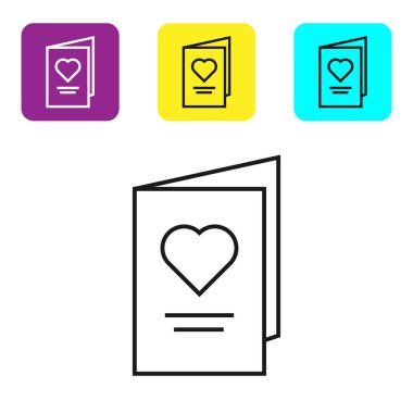 Beyaz arka plan üzerinde izole kalp simgesi ile Siyah çizgi Sevgililer günü parti el ilanı. Davet veya tebrik kartı için kutlama posteri şablonu. Simgeleri renkli kare düğmeleri ayarlayın. Vektör İllüstrasyonu