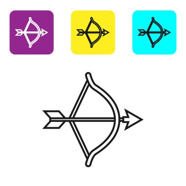 Siyah çizgi Yay ve ok simgesi beyaz arka plan üzerinde izole. Cupid sembolü. Aşk işareti. Sevgililer günü konsepti. Simgeleri renkli kare düğmeleri ayarlayın. Vektör İllüstrasyonu