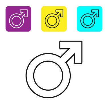 Siyah çizgi Erkek cinsiyet sembolü simgesi beyaz arka plan üzerinde izole. Simgeleri renkli kare düğmeleri ayarlayın. Vektör İllüstrasyonu