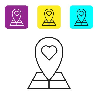 Beyaz arka planda izole edilmiş kalp simgesine sahip siyah çizgi Harita işaretçisi. Sevgililer günü. Aşk yeri. Romantik harita iğnesi. Simgeleri renkli kare düğmeleri ayarlayın. Vektör İllüstrasyonu