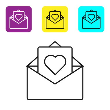 Beyaz arka plan üzerinde izole Valentine kalp simgesi ile Siyah çizgi Zarf. Mesaj aşk. Mektup aşk ve romantizm. Simgeleri renkli kare düğmeleri ayarlayın. Vektör İllüstrasyonu