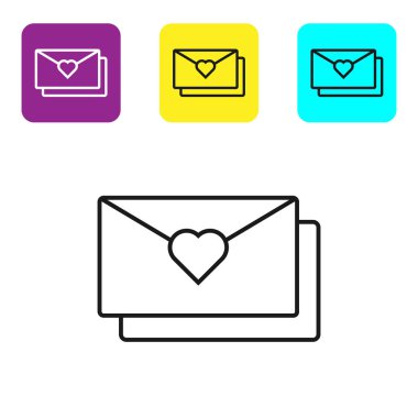 Beyaz arka plan üzerinde izole Valentine kalp simgesi ile Siyah çizgi Zarf. Mesaj aşk. Mektup aşk ve romantizm. Simgeleri renkli kare düğmeleri ayarlayın. Vektör İllüstrasyonu