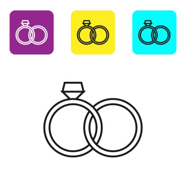 Siyah çizgi Alyans simgesi beyaz arka plan üzerinde izole. Gelin ve damat mücevher işareti. Evlilik simgesi. Elmas yüzük simgesi. Simgeleri renkli kare düğmeleri ayarlayın. Vektör İllüstrasyonu