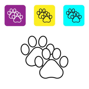 Siyah çizgi Paw baskı simgesi beyaz arka planda yalıtılmış. Köpek ya da kedi pençesi izi. Hayvan izi. Simgeleri renkli kare düğmeleri ayarlayın. Vektör İllüstrasyonu
