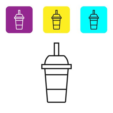 Beyaz arka plan üzerinde izole içme saman ve su simgesi ile Siyah hat Kağıt cam. Soda bardak iç. Taze soğuk içecek sembolü. Simgeleri renkli kare düğmeleri ayarlayın. Vektör İllüstrasyonu