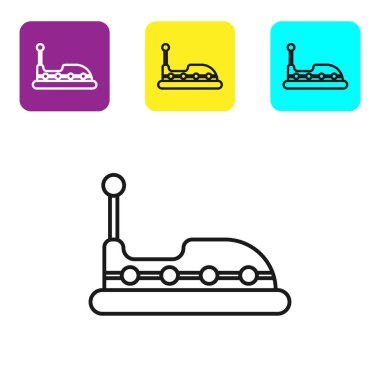 Siyah çizgi Tampon araba simgesi beyaz arka plan üzerinde izole. Lunapark. Çocuk eğlence oyun alanı, eğlence parkı. Simgeleri renkli kare düğmeleri ayarlayın. Vektör İllüstrasyonu
